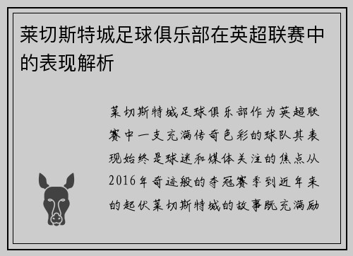莱切斯特城足球俱乐部在英超联赛中的表现解析