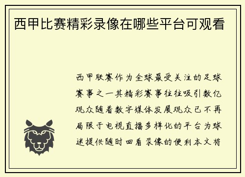 西甲比赛精彩录像在哪些平台可观看